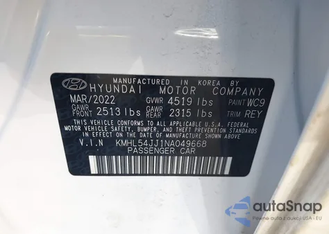 2022 Hyundai Sonata Hybrid Limited z USA, uszkodzony, nr VIN KMHL54JJ1NA049668